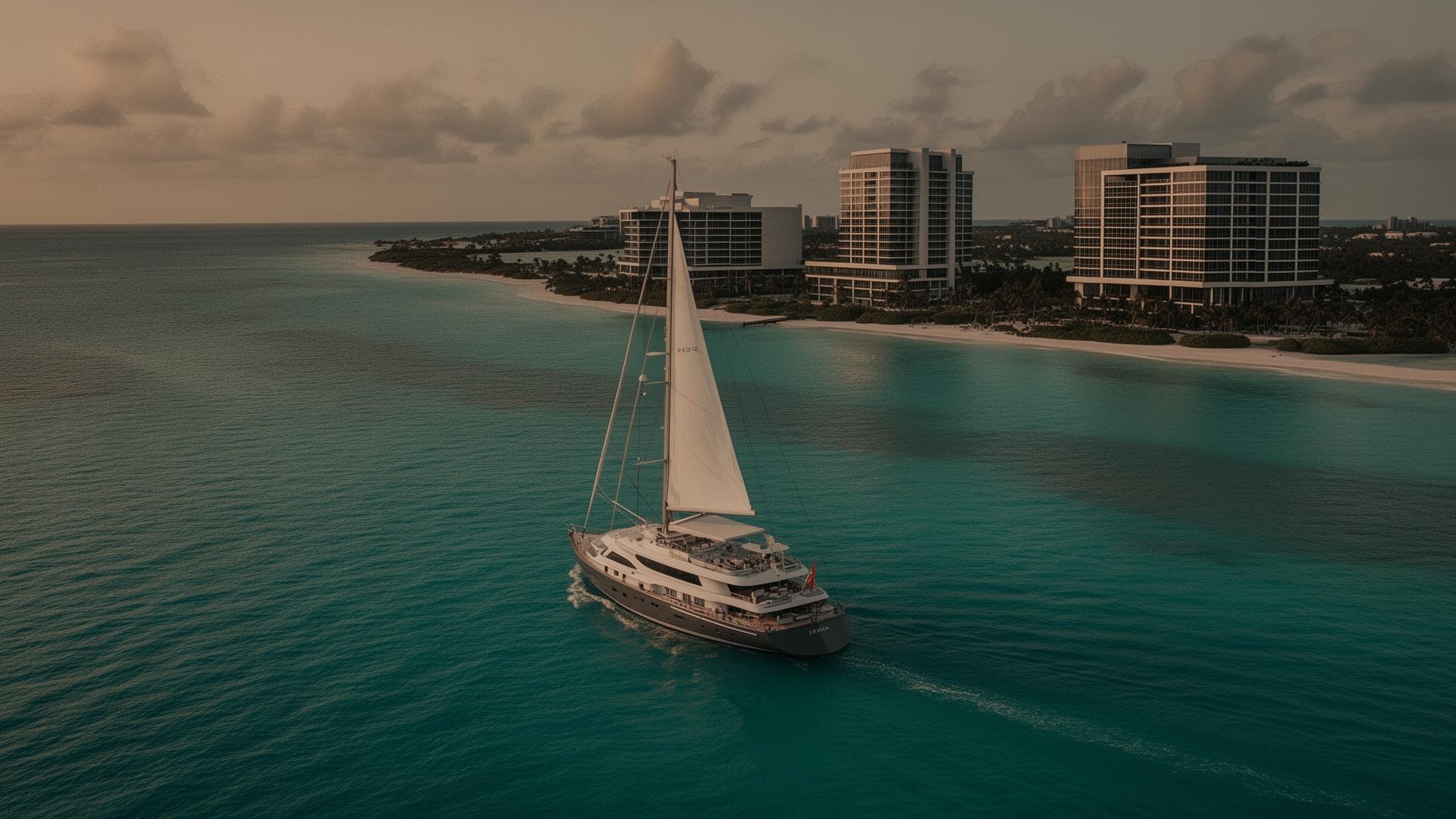 Aerial view of the Bahamas coastline at dusk