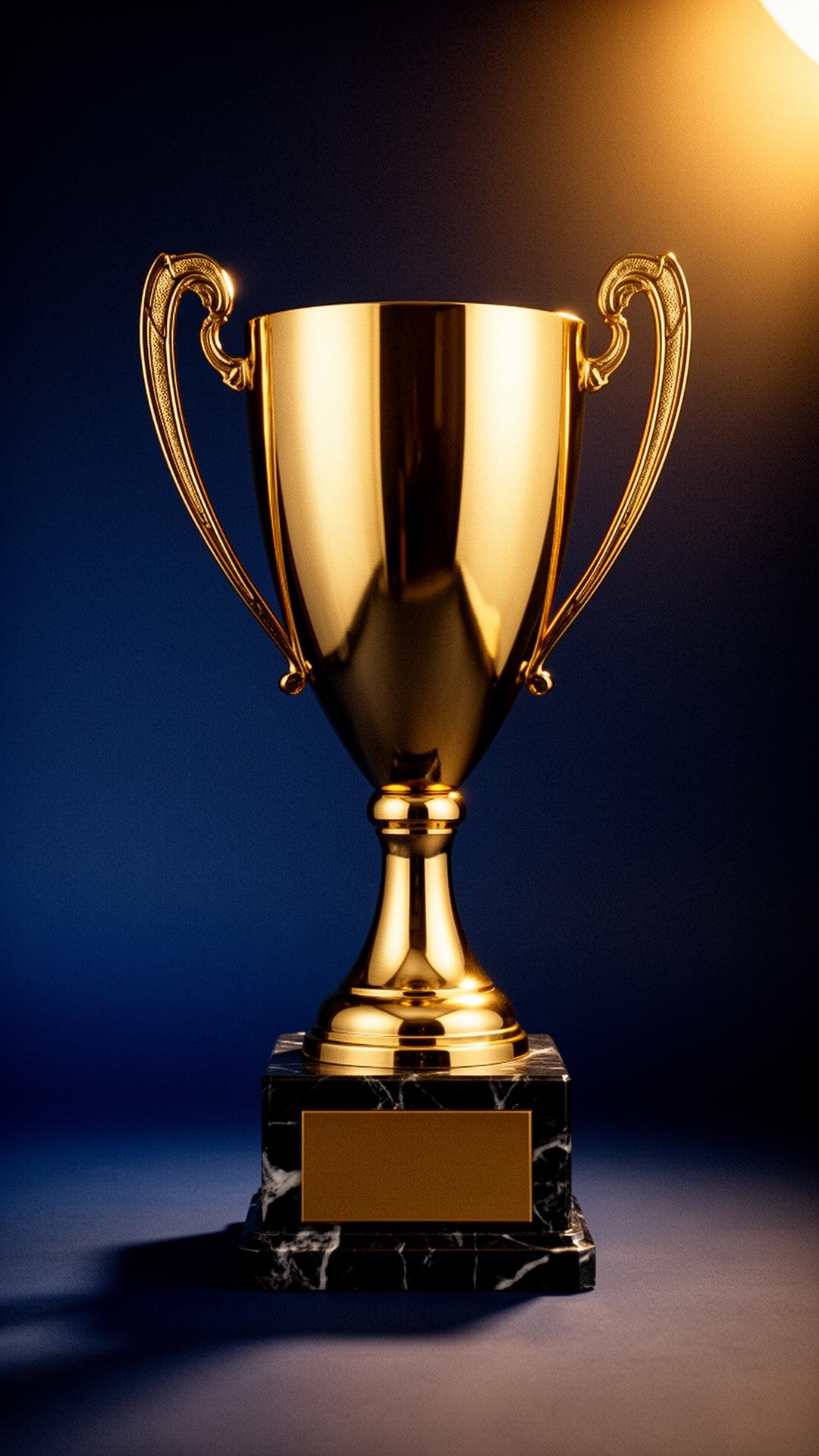 Gold trophy on navy background